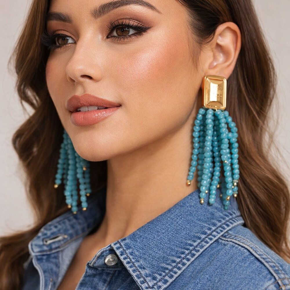 NWT Open Edit Gold Tone and Teal Blue Tassel Clip On Earrings‎